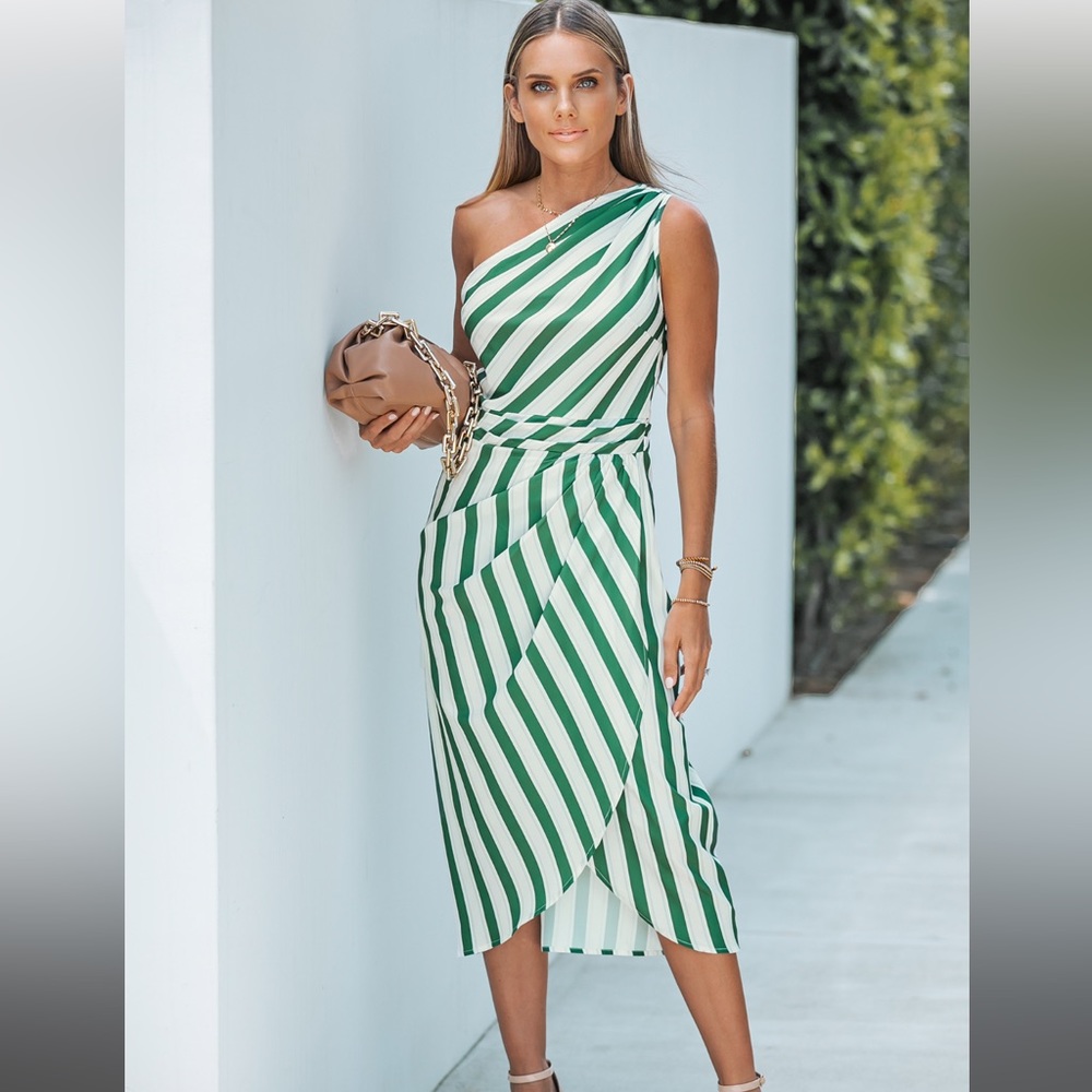 Cupshe green and white striped one shoulder wrap dress size small, new with tags